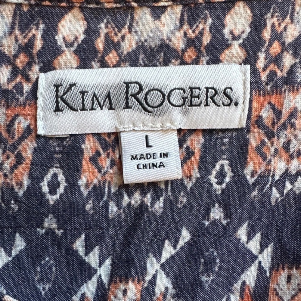 Kim Rogers Womens Large Navy Orange Geometric Tribal Print Henley Blouse Top - Picture 3 of 5